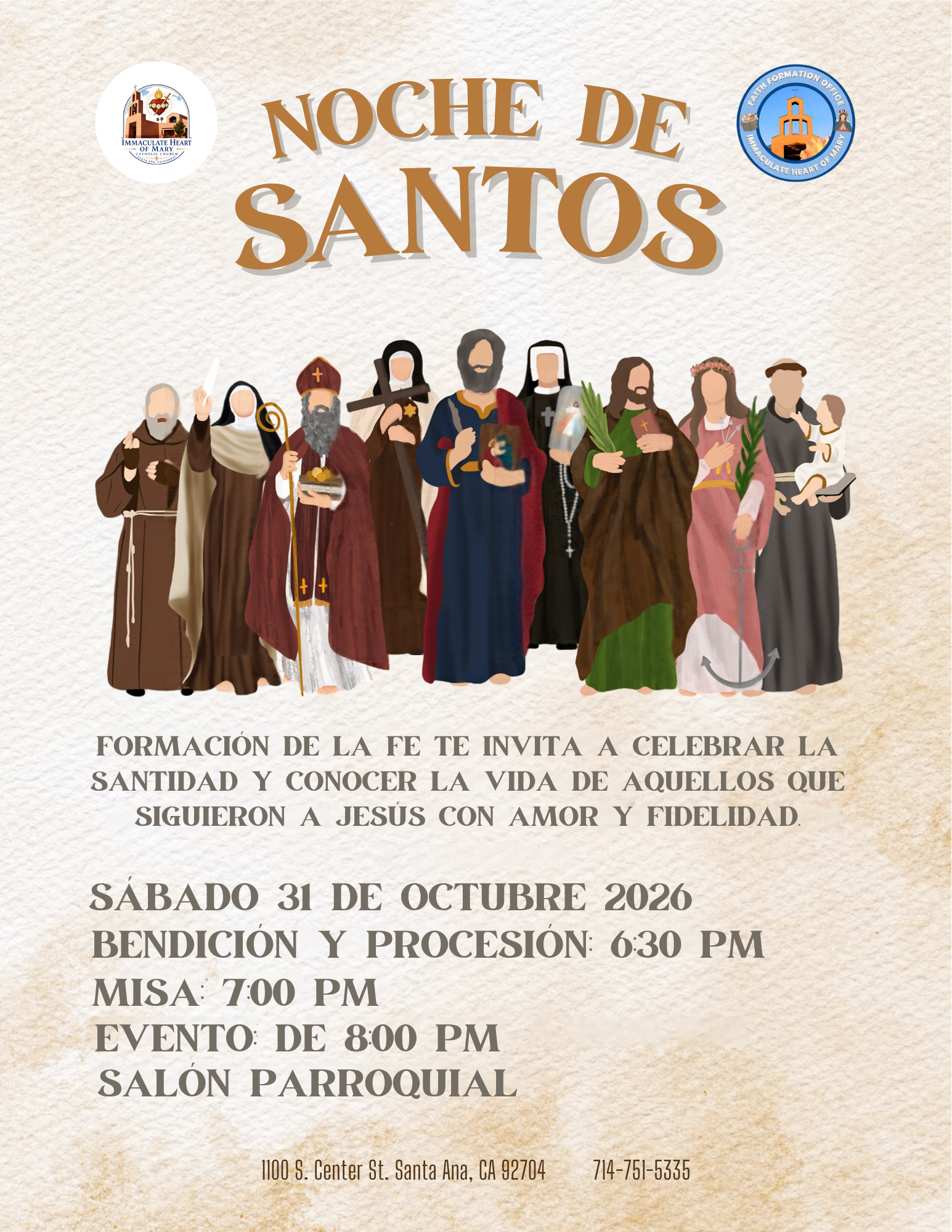 Noche de Santos: sábado 31 de octubre de 2026. Misa a las 7:00 p.m. y evento de 8:00 a 10:00 p.m. en el Salón Parroquial de Immaculate Heart of Mary, Santa Ana.