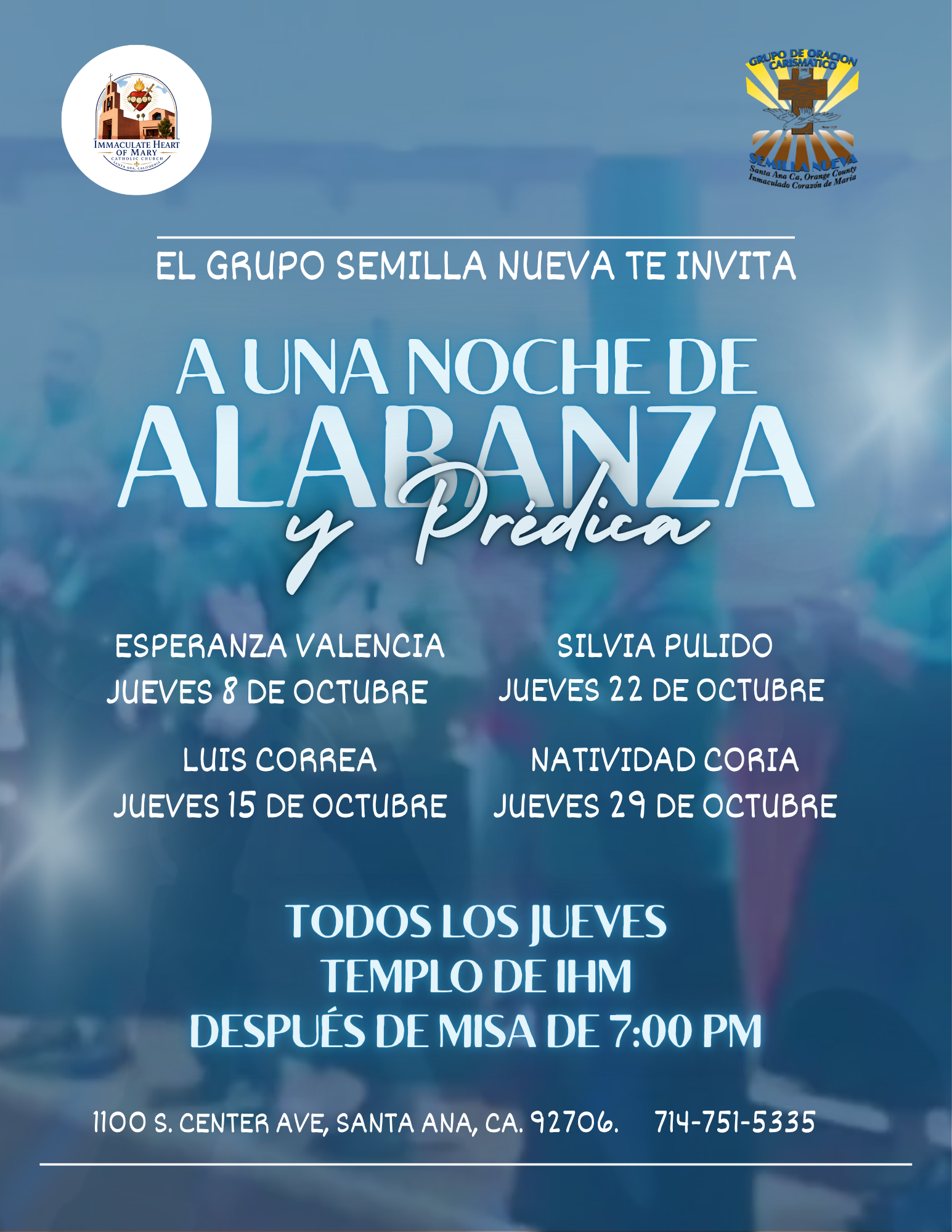 Semilla Nueva: noches de alabanza y prédica, jueves 8, 15, 22 y 29 de octubre de 2026 en el templo de IHM.