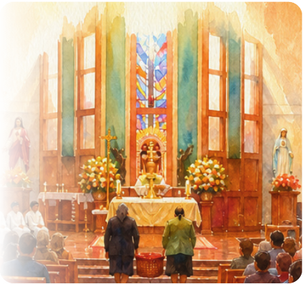 El altar y la comunidad reunida en oración.
