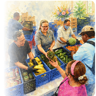 Voluntarios compartiendo alimentos con la comunidad.